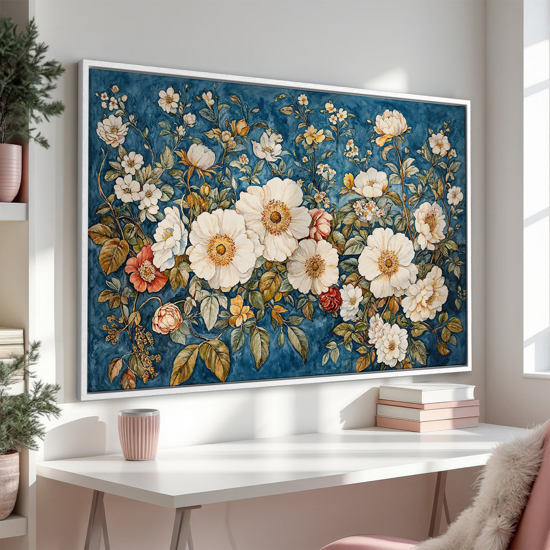 Framed Wall Art: Elegant floral watercolor Canvas Print with white, blue, and warm tones. Perfect for adding a touch of nature-inspired beauty to your home decor.