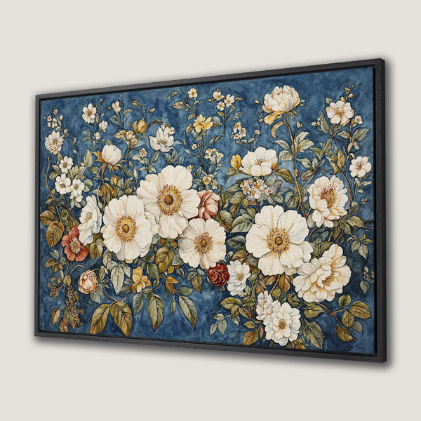 Framed Wall Art featuring a floral watercolor painting with white and yellow blooms on a deep blue background. Perfect for adding elegance to any space.