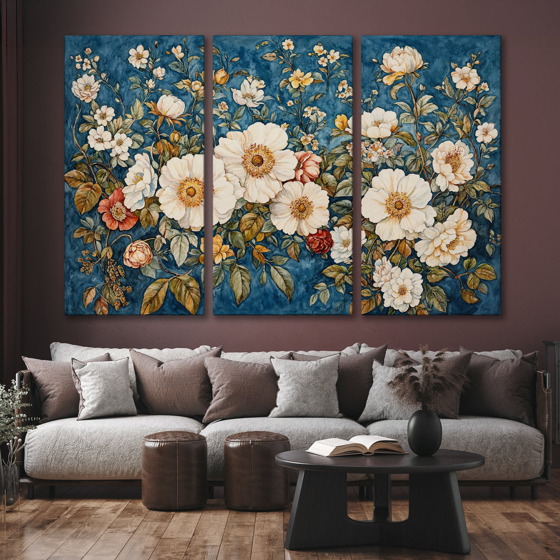 Canvas Print of watercolor floral art in blue, white, and earthy tones. Perfect for adding elegance to your home.