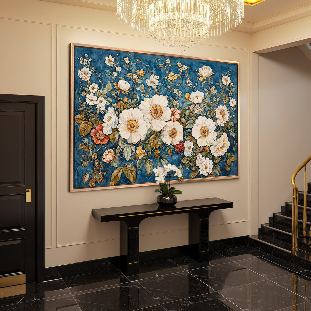 Framed Wall Art: Elegant floral Canvas Print in blue, white, and gold. Perfect for adding a touch of luxury to your home decor.