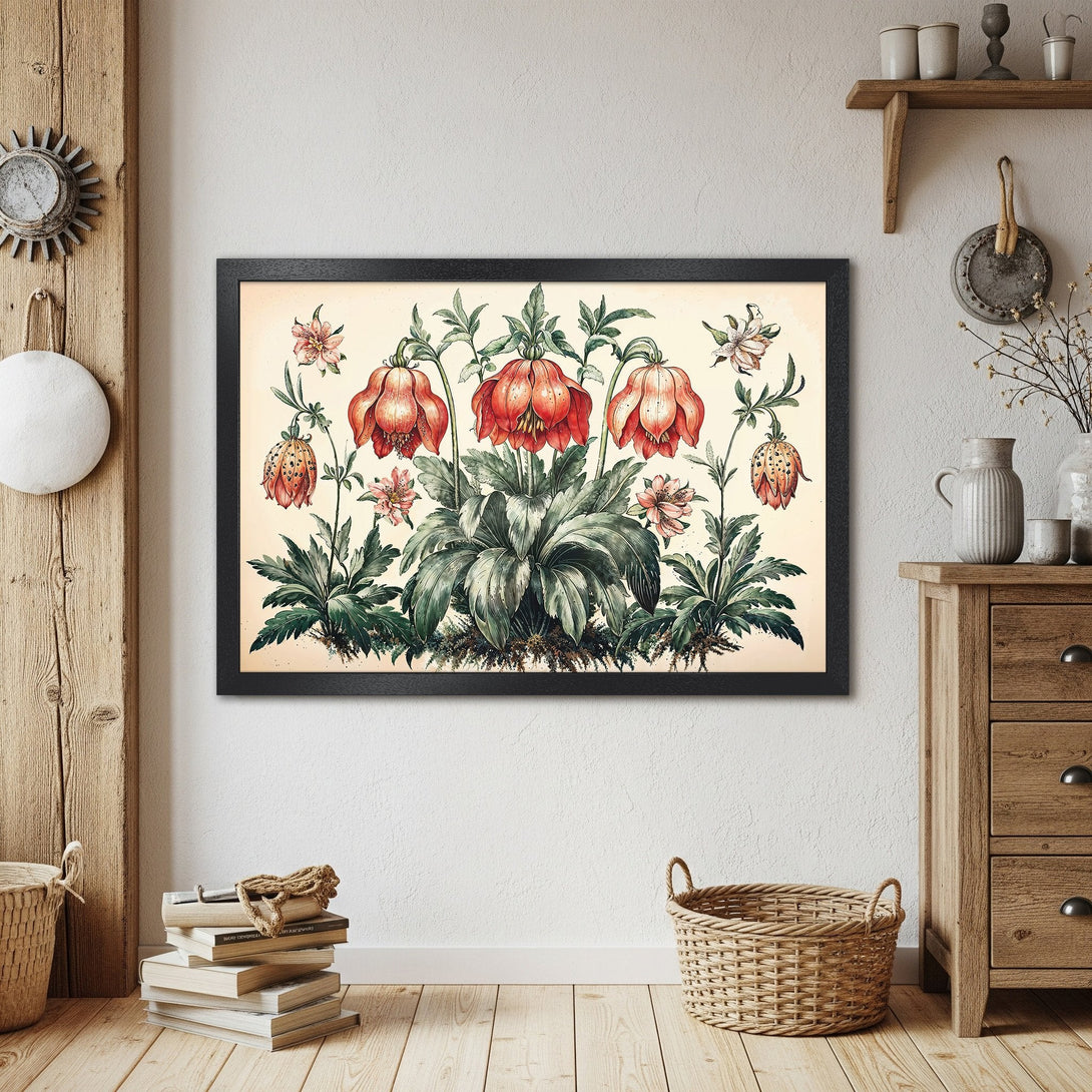 Framed Poster featuring botanical art with red flowers, green leaves, and a vintage style. Adds a touch of nature to any room.