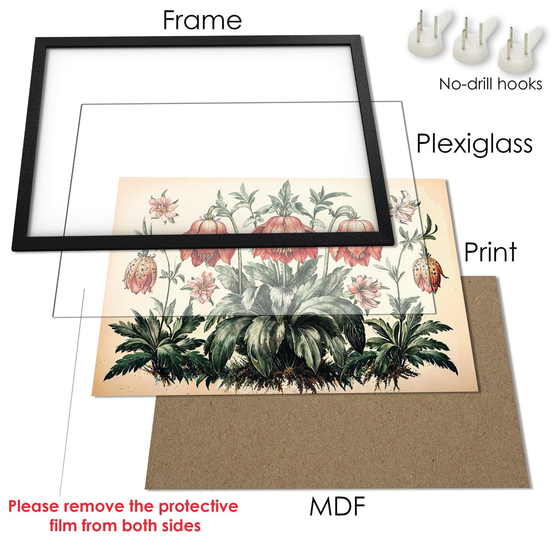 Framed Poster: Botanical print art with a vintage style and warm color palette. Perfect wall decor.