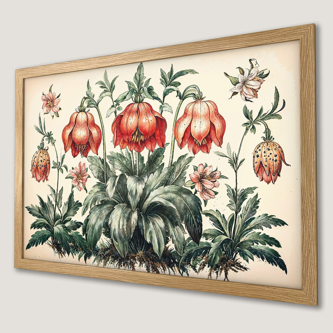 Framed Poster featuring botanical illustration of red flowers and green foliage, vintage style, warm color palette.