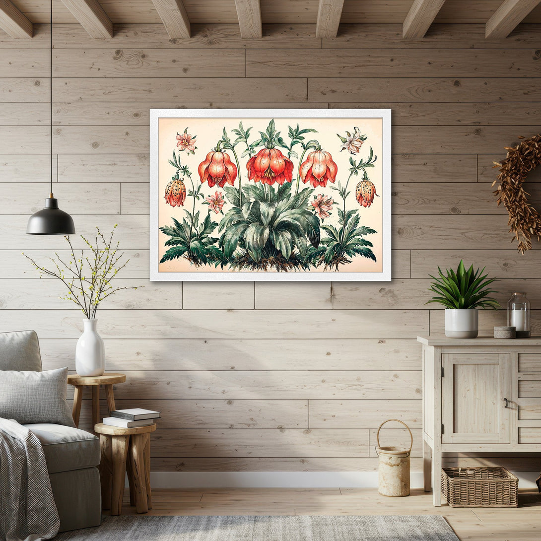 Framed Poster featuring botanical illustration with red flowers, vintage style, warm color palette. Perfect wall art for any room!