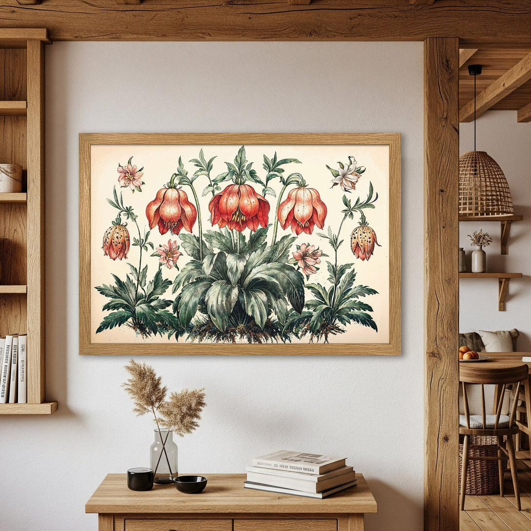 Framed Poster: Botanical print with red flowers. Vintage style, neutral beige & green color palette. Perfect wall art for your home!