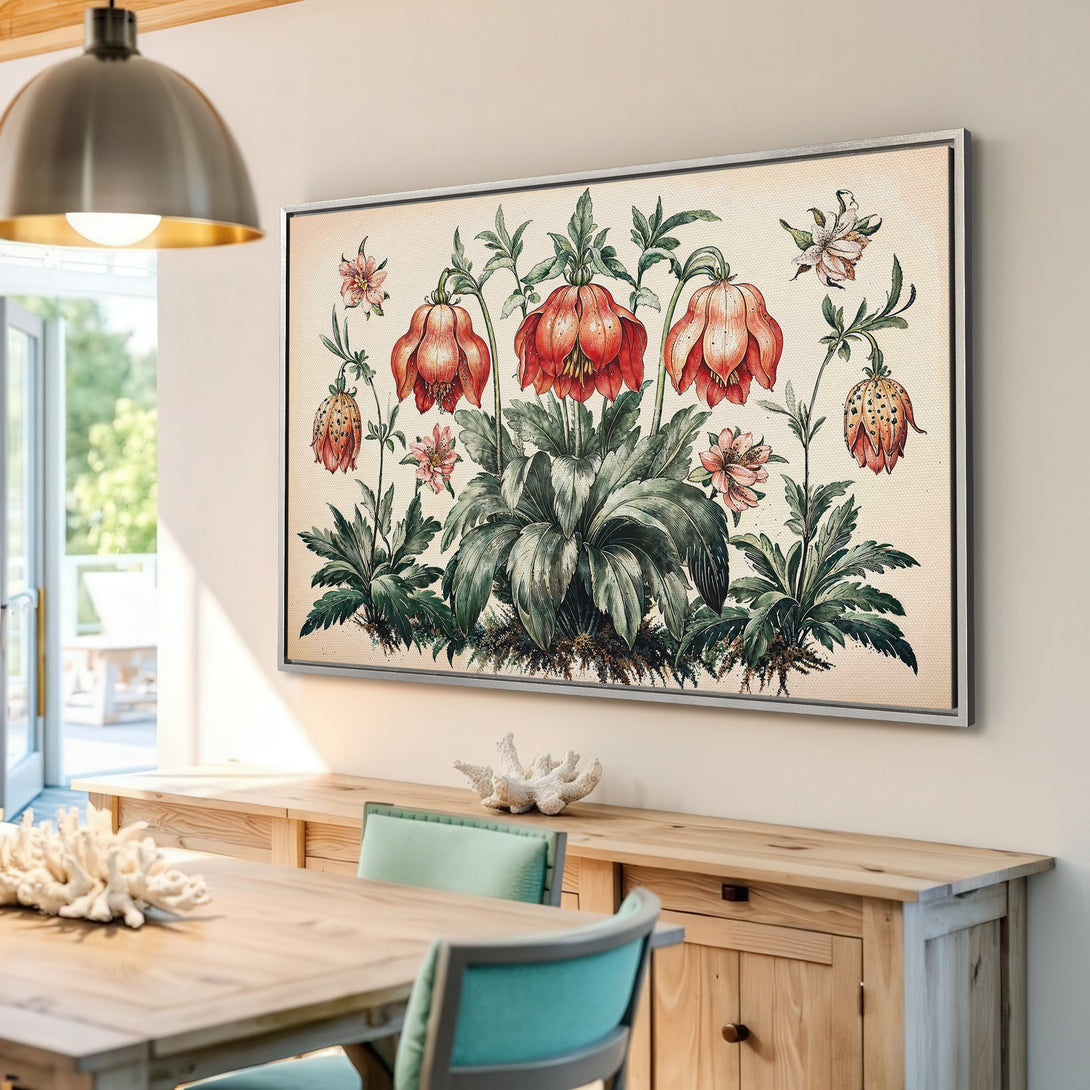 Framed Wall Art featuring vintage botanical illustration. Red and green floral design on a neutral background. Perfect for adding a touch of nature to your home decor.