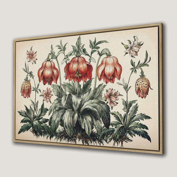Framed Wall Art featuring vintage botanical illustration of red and pink flowers on a neutral background. Perfect for adding a touch of elegance.