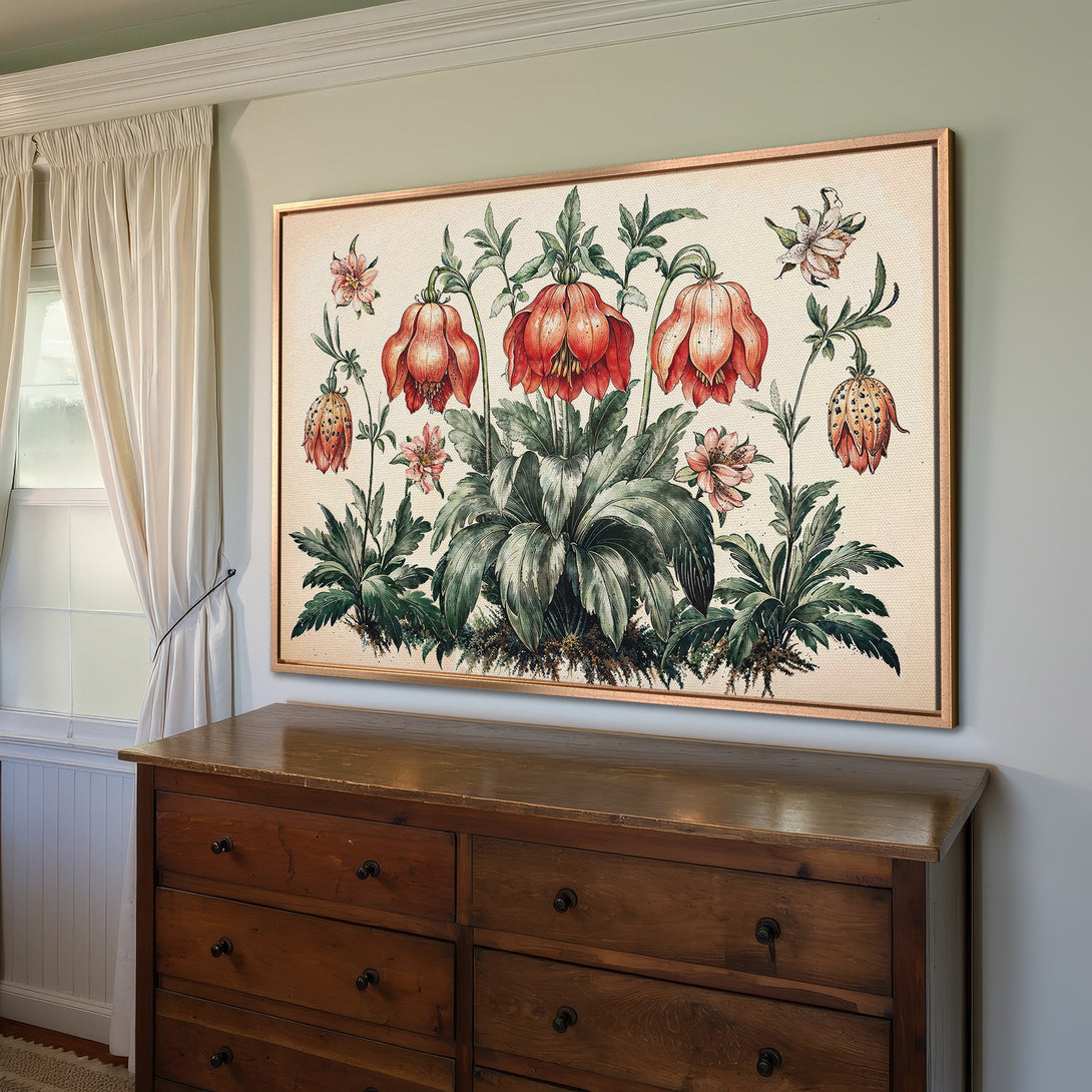 Framed Wall Art: Botanical print with vibrant red flowers, green leaves, and a neutral background. Perfect for adding a touch of vintage charm to any room.
