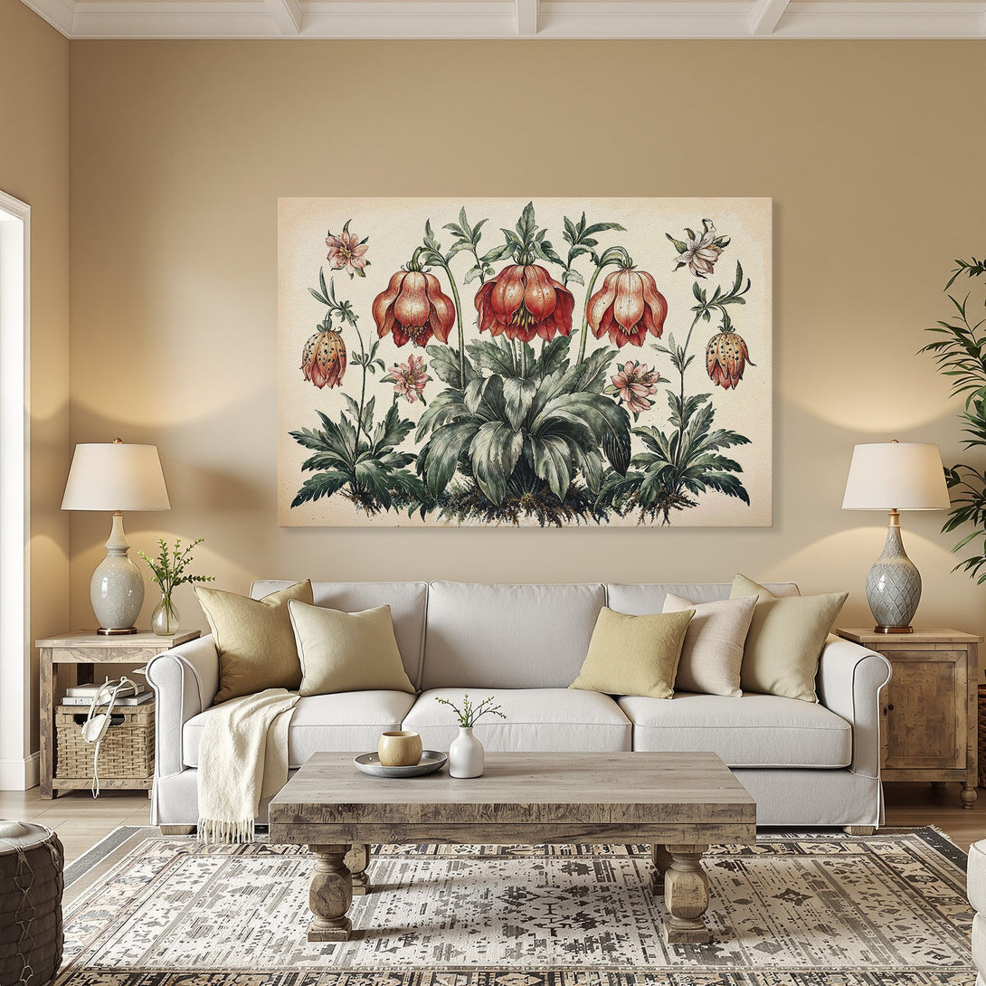 Framed Wall Art: Vintage floral botanical print in a dining room. Featuring red, green, and cream tones. Perfect for adding elegance and style to your home decor.