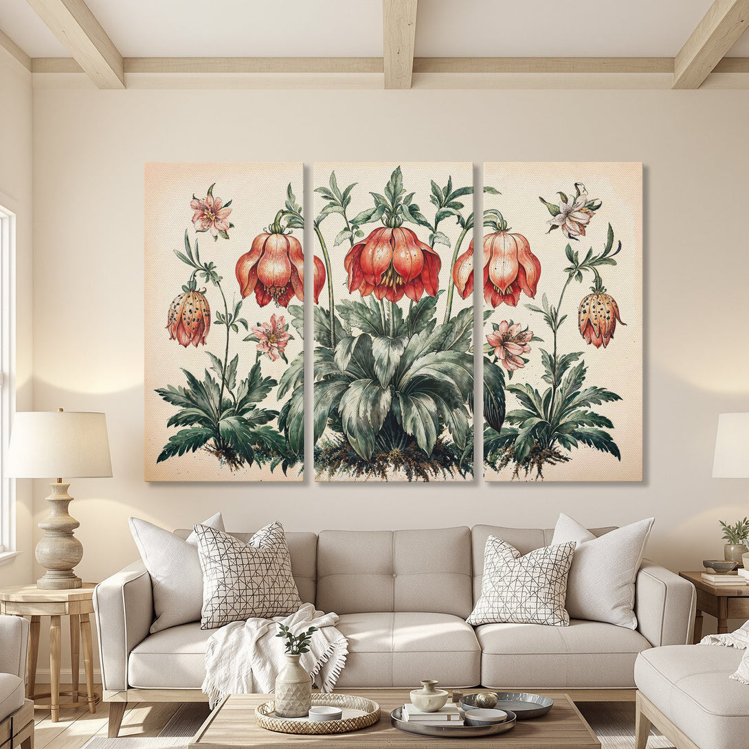 Canvas Print featuring botanical illustration in a vintage style. Red, green, and cream color palette, perfect for adding a touch of nature to your home.