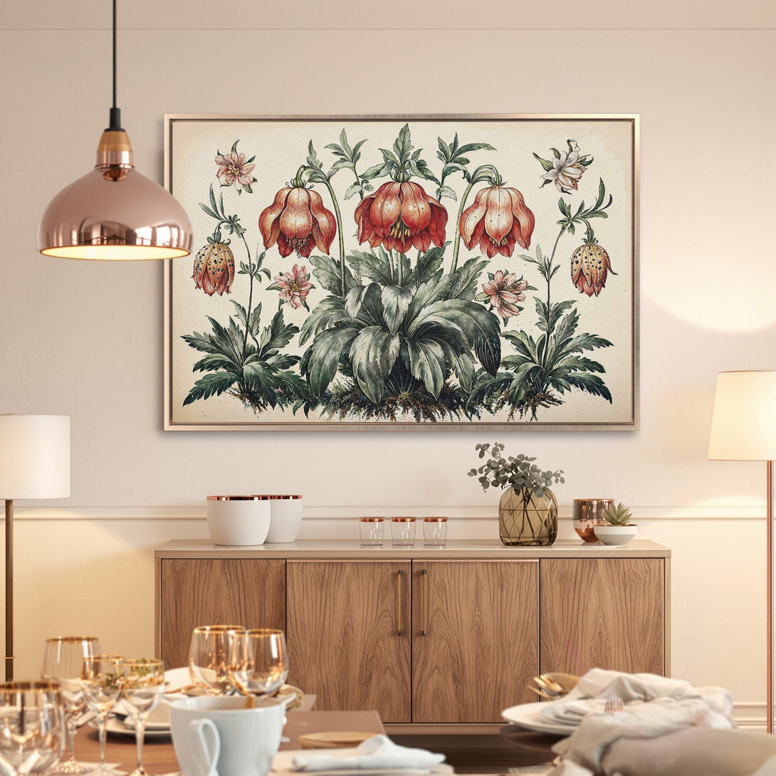 Framed Wall Art featuring vintage botanical illustration. Red, green, & cream color palette. Perfect for adding a touch of elegance to your dining room.