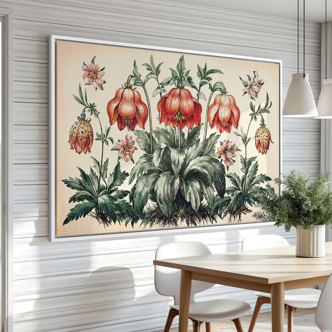 Framed Wall Art featuring botanical illustration with red and green flowers. Vintage style canvas print for a touch of elegance to your interior.