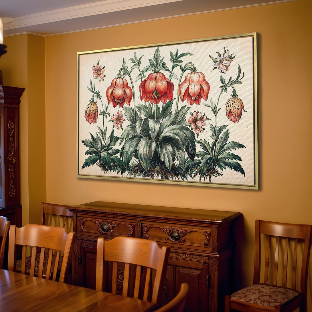 Canvas Print of botanical illustration in a living room. Features a vintage style with red, green, and beige tones. Perfect wall art for your home.