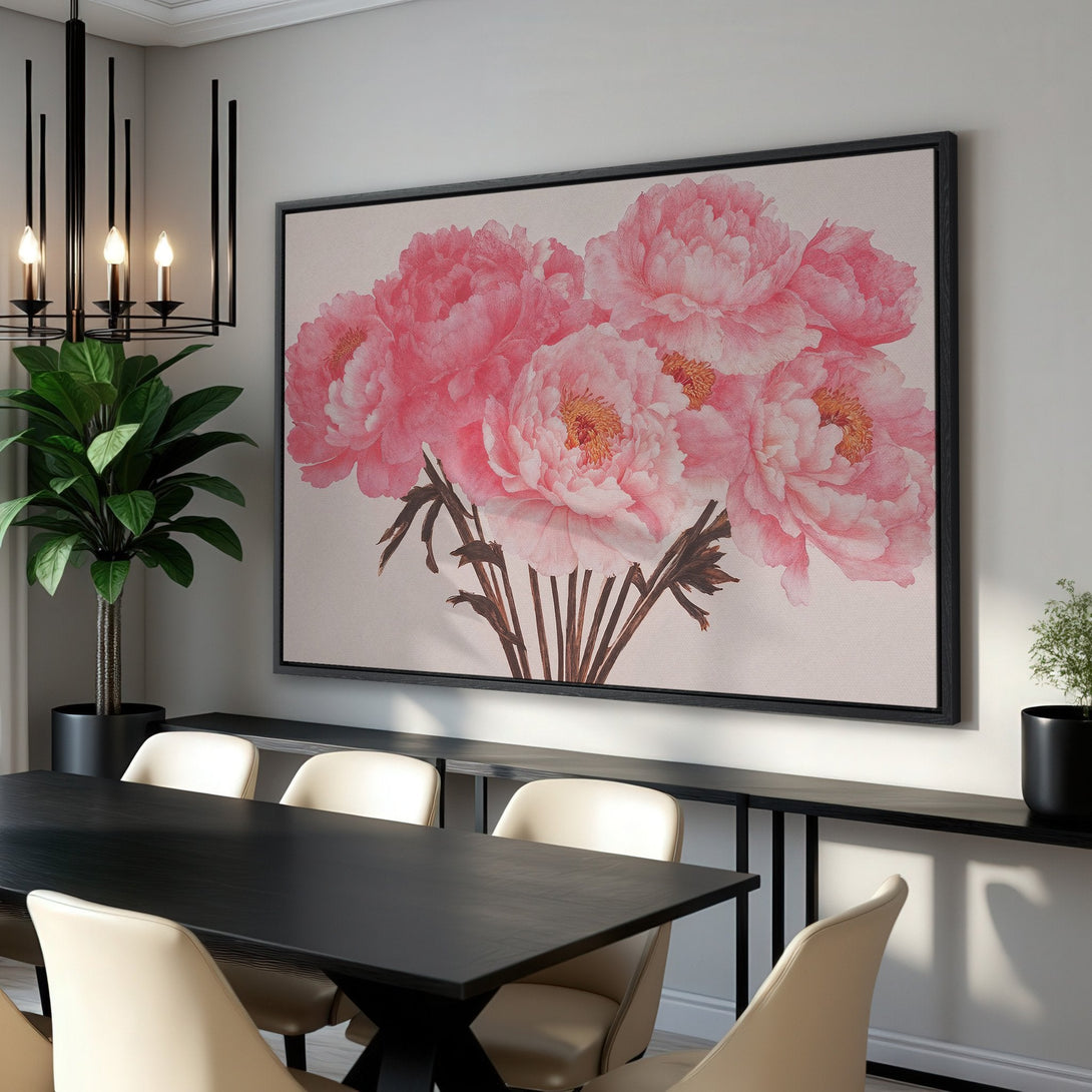 Framed Wall Art featuring a watercolor-style peony bouquet in pink hues. Elegant floral print perfect for adding a touch of sophistication to any space.