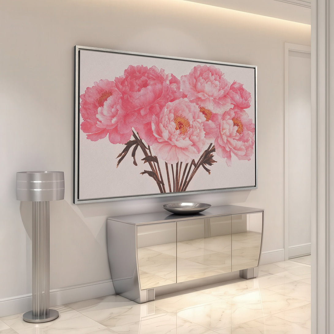 Framed Wall Art featuring pink peony flowers. Modern style with a soft pink and neutral color palette, perfect for adding elegance to your home decor.