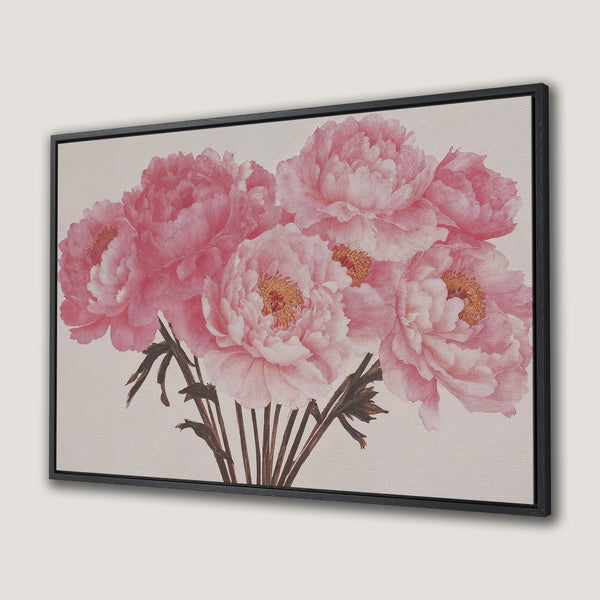 Framed Wall Art featuring a beautiful peony floral print in soft pink hues. Perfect for adding a touch of elegance to any space.