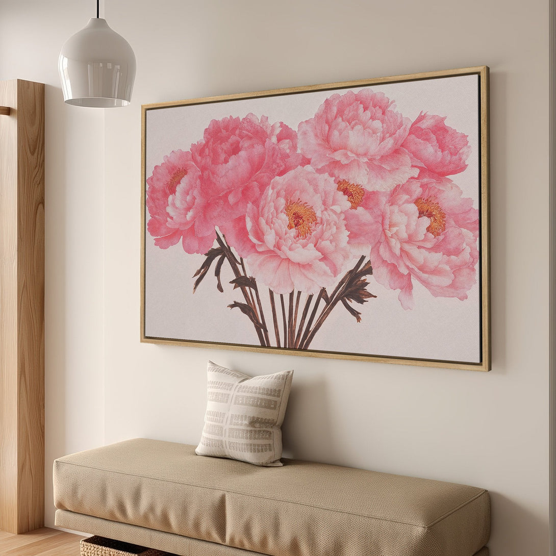 Framed Wall Art featuring pink peony flowers. Elegant botanical print in soft pink and neutral tones. Perfect floral wall decor for any room.