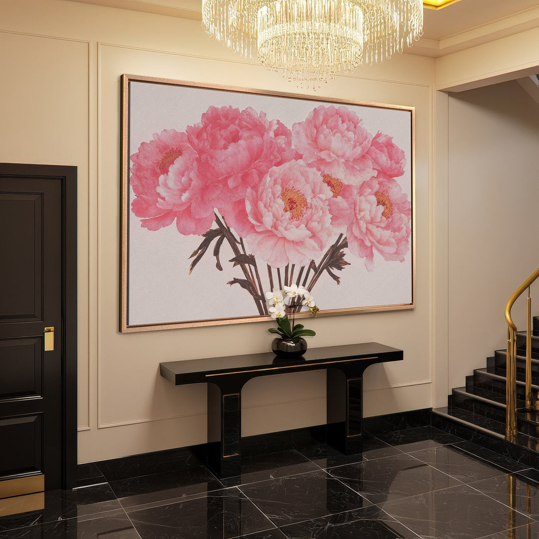 Framed Wall Art: Elegant pink peony floral print in a luxurious interior. Soft pinks and beige tones add a touch of sophistication to any space.