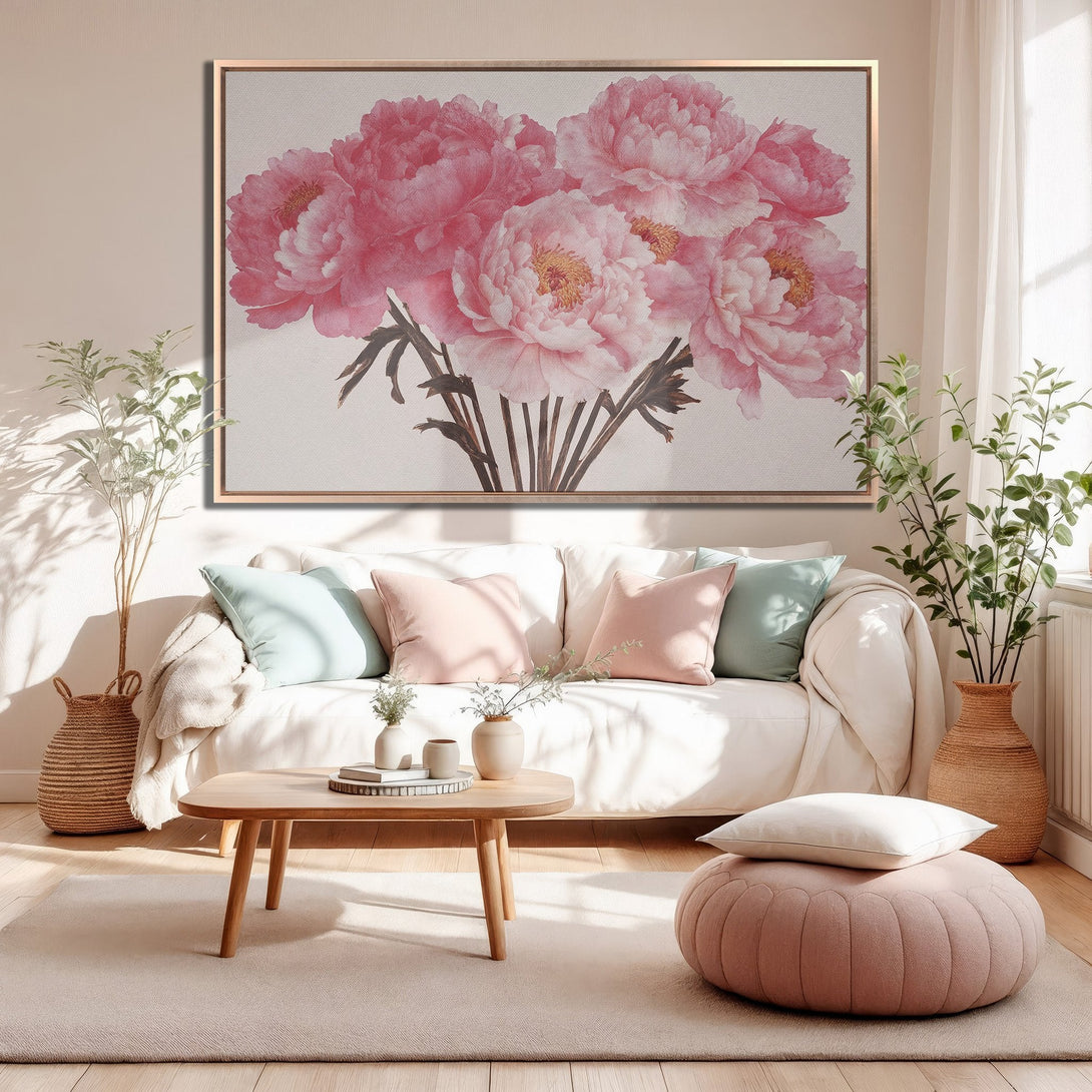 Framed Wall Art: Pink peony floral print in a modern living room. Soft, romantic color palette with blush and neutral tones. Perfect home decor.