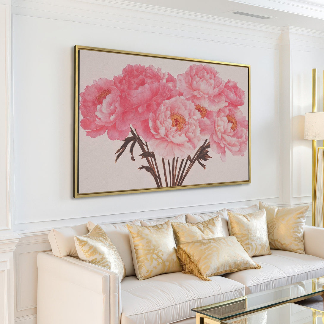 Canvas Print of pink peonies in a modern living room. Soft, watercolor style art with a neutral and pink color palette. Perfect wall decor.
