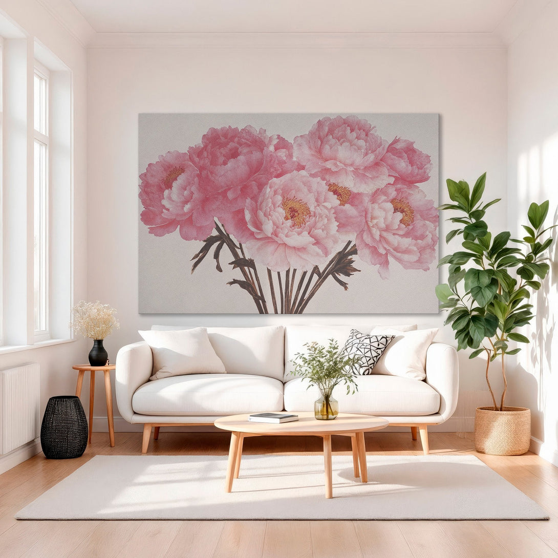 Framed Wall Art of pink peony flowers. Elegant floral art in a gold frame, perfect for living room decor. Soft pink and neutral tones.