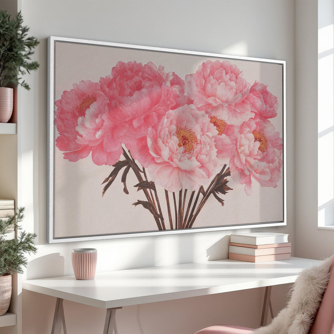 Framed Wall Art featuring elegant pink peony flowers. Soft, watercolor style with a neutral color palette. Perfect floral art for your home decor.