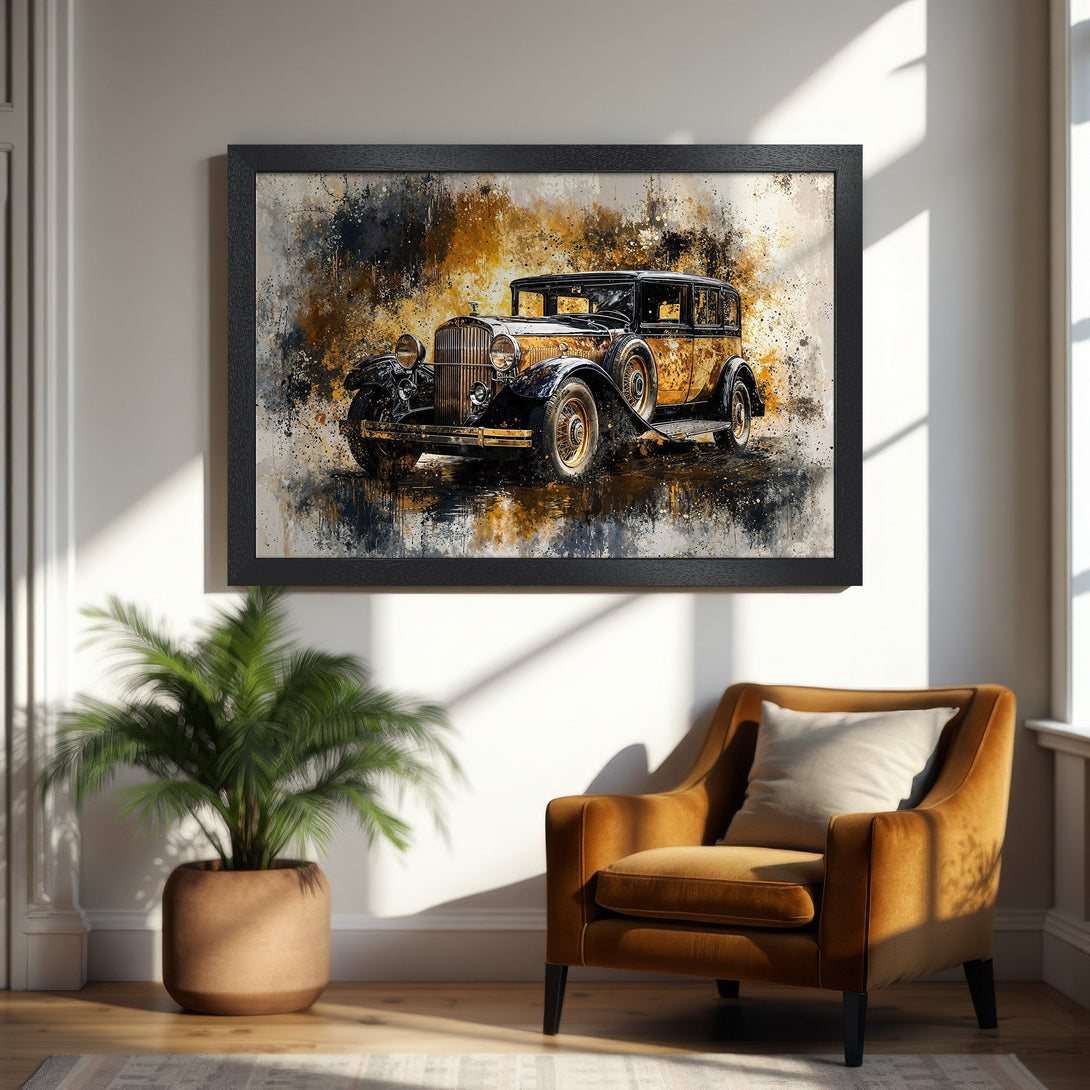 Framed Poster featuring a vintage car in an abstract style, with a gold, black, and white color palette. Perfect wall art!