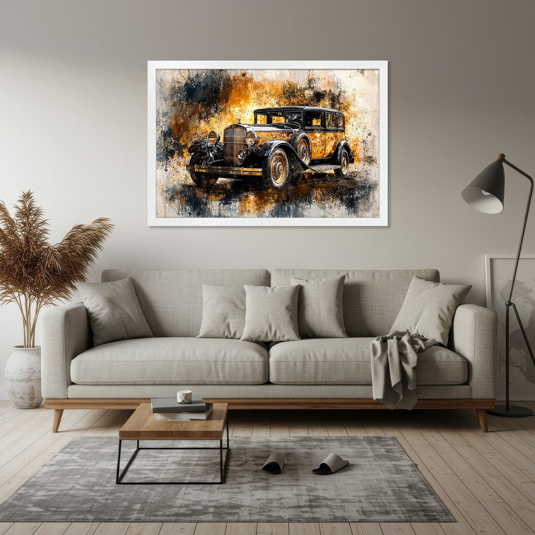 Framed Poster featuring a vintage car in an abstract watercolor style with a warm, golden and black color palette. Perfect wall art!