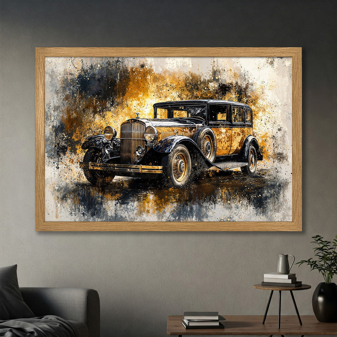 Framed Poster of a classic car in a watercolor style, featuring a gold, black, and gray color palette. Perfect wall art!