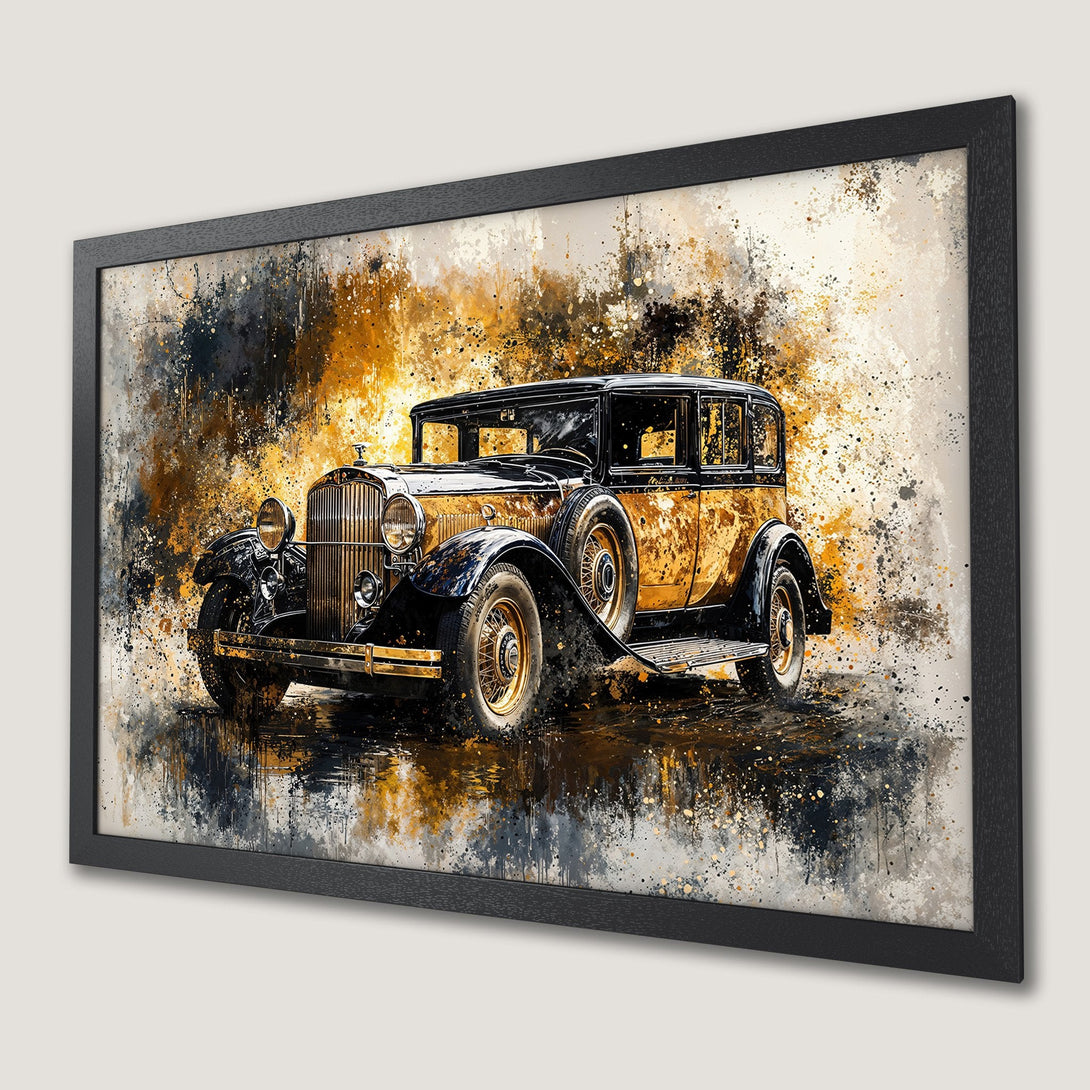 Framed Poster of classic car in watercolor style, gold and black color palette. A stunning piece of art.