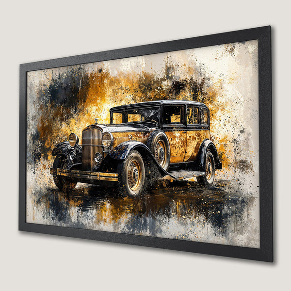 Framed Poster of classic car in watercolor style, gold and black color palette. A stunning piece of art.