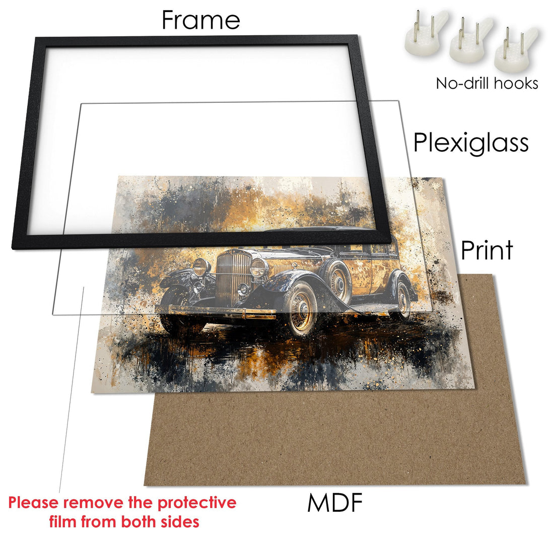 Framed Poster of a vintage car in an abstract style, featuring a warm, neutral color palette.