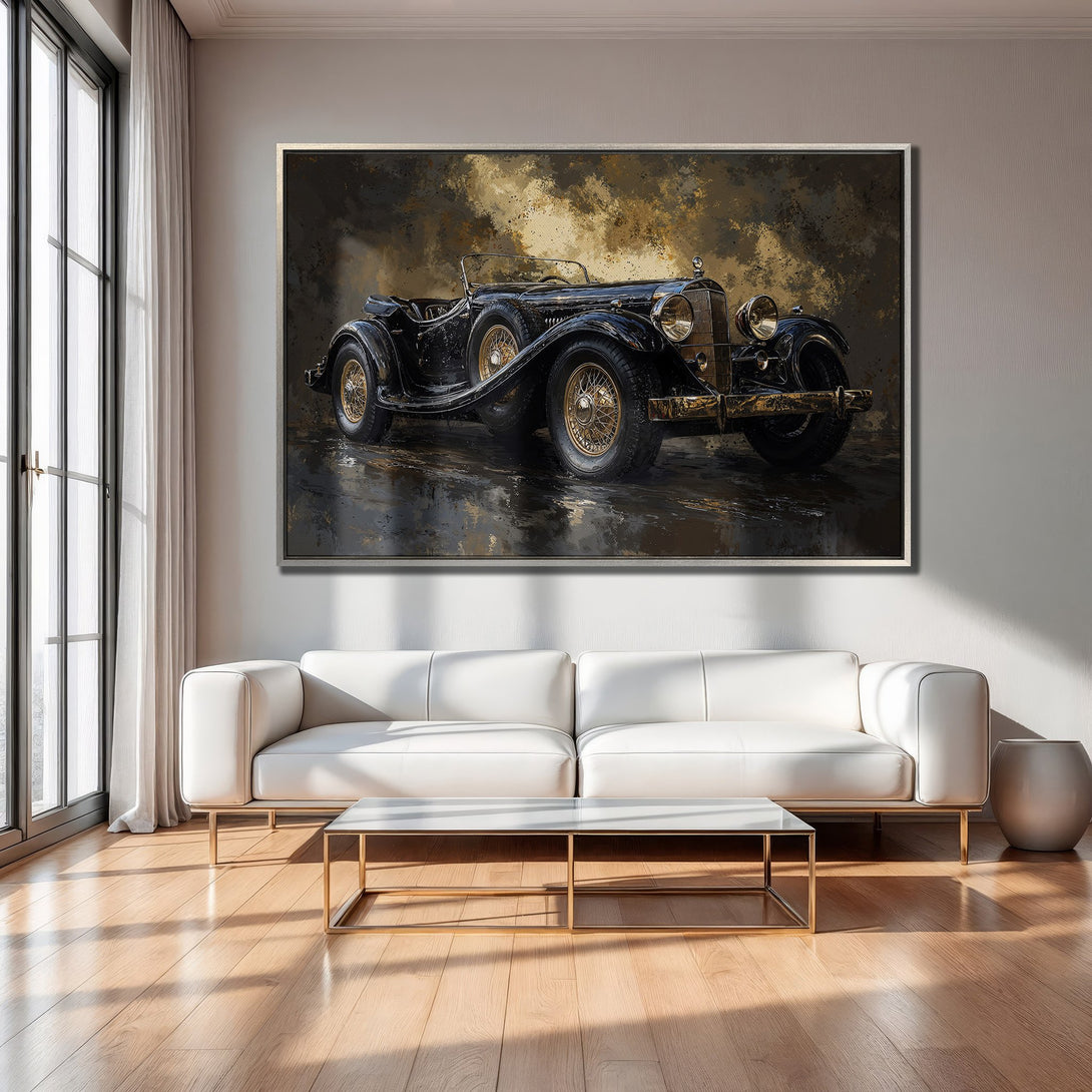 Framed Wall Art: Vintage car painting in black and gold tones, adding luxury to any space. Perfect for a modern interior.