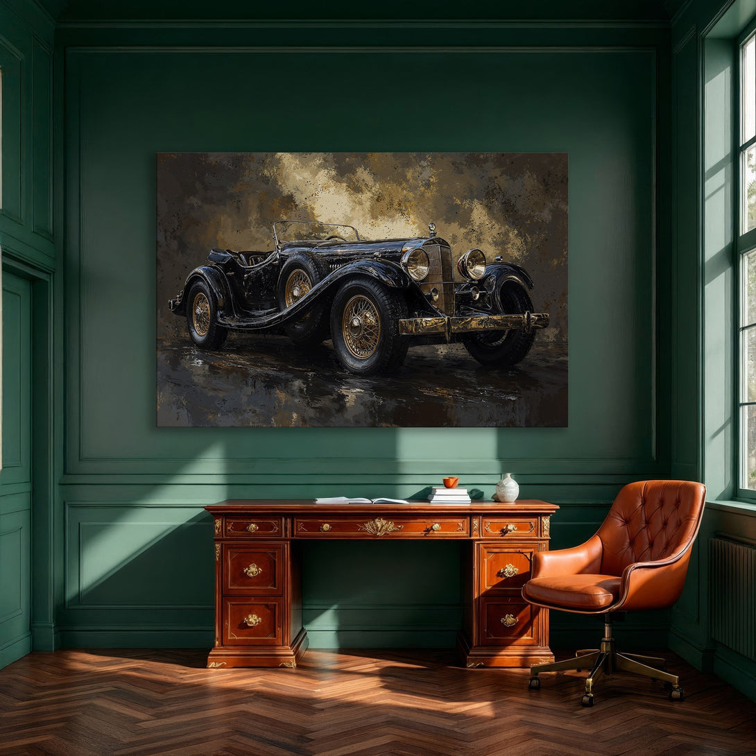 Framed Wall Art: Classic car canvas print in a dining room. Black, gold & brown palette. Perfect for vintage car lovers!