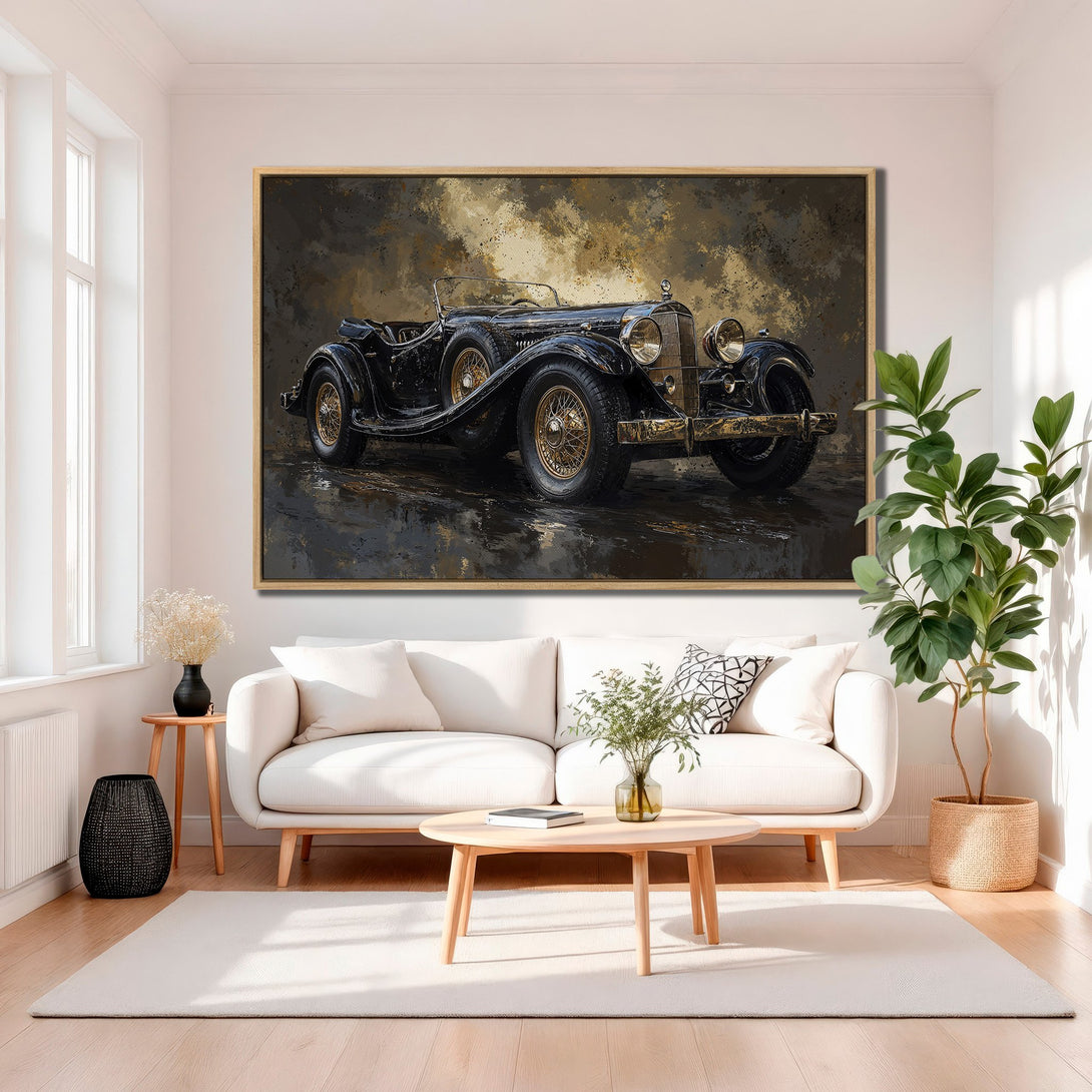 Framed Wall Art: Vintage car canvas print in a modern living room. Features a classic black car with gold accents on a neutral, abstract background. Elevate your space!