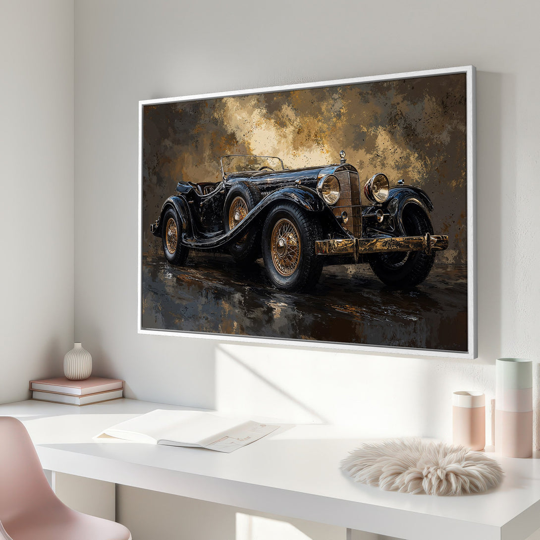 Framed Wall Art featuring a vintage black car with gold accents. Impressionistic style with a warm, neutral color palette. Perfect for classic decor.