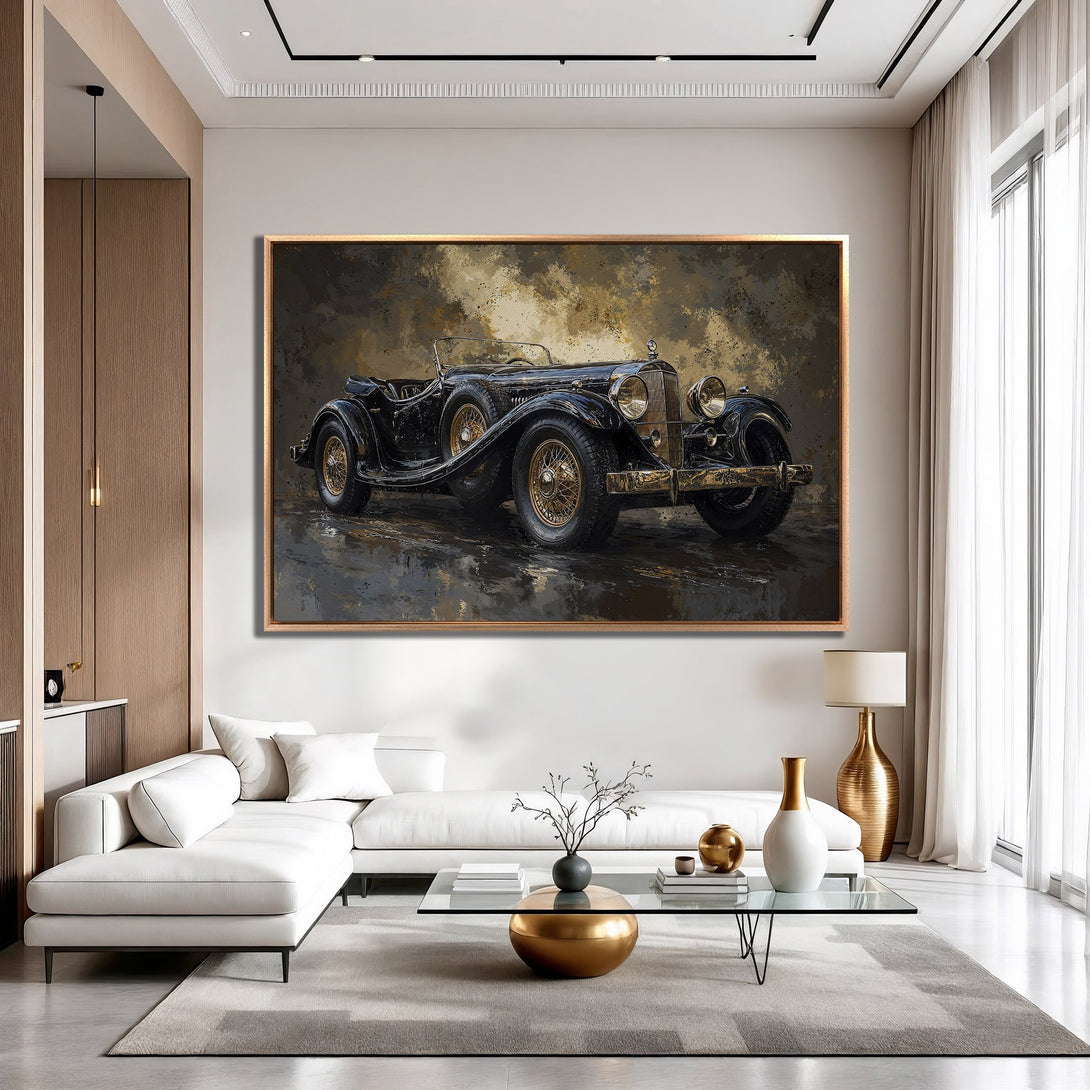 Framed Wall Art: Vintage car painting in neutral tones. Adds a touch of luxury and style to any space. Perfect for classic car enthusiasts.