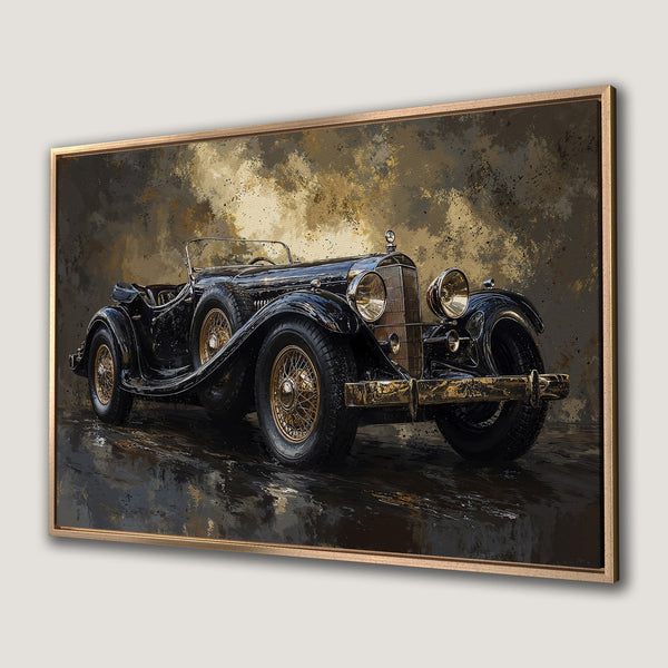 Framed Wall Art: Vintage car art print in black & gold. Abstract style with a dark, moody color palette. Perfect for classic car lovers.