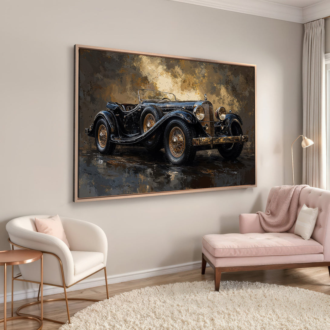 Framed Wall Art: Vintage car canvas print in a moody style with a black, gold, and brown color palette. Perfect for adding a touch of classic elegance.