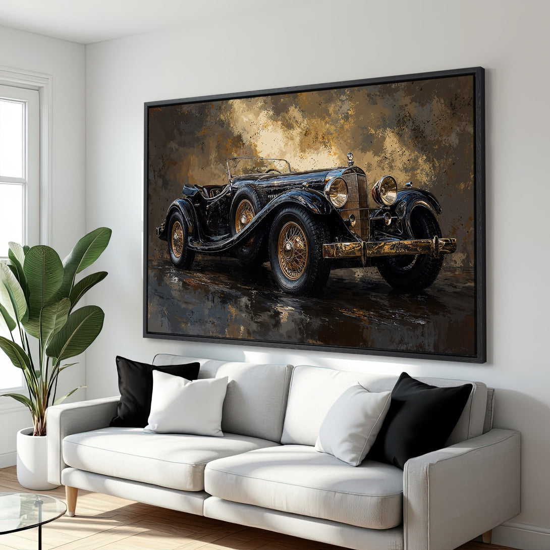 Framed Wall Art: Vintage car canvas print in a warm, neutral color palette. Adds a touch of classic elegance to any space. Perfect for car enthusiasts!