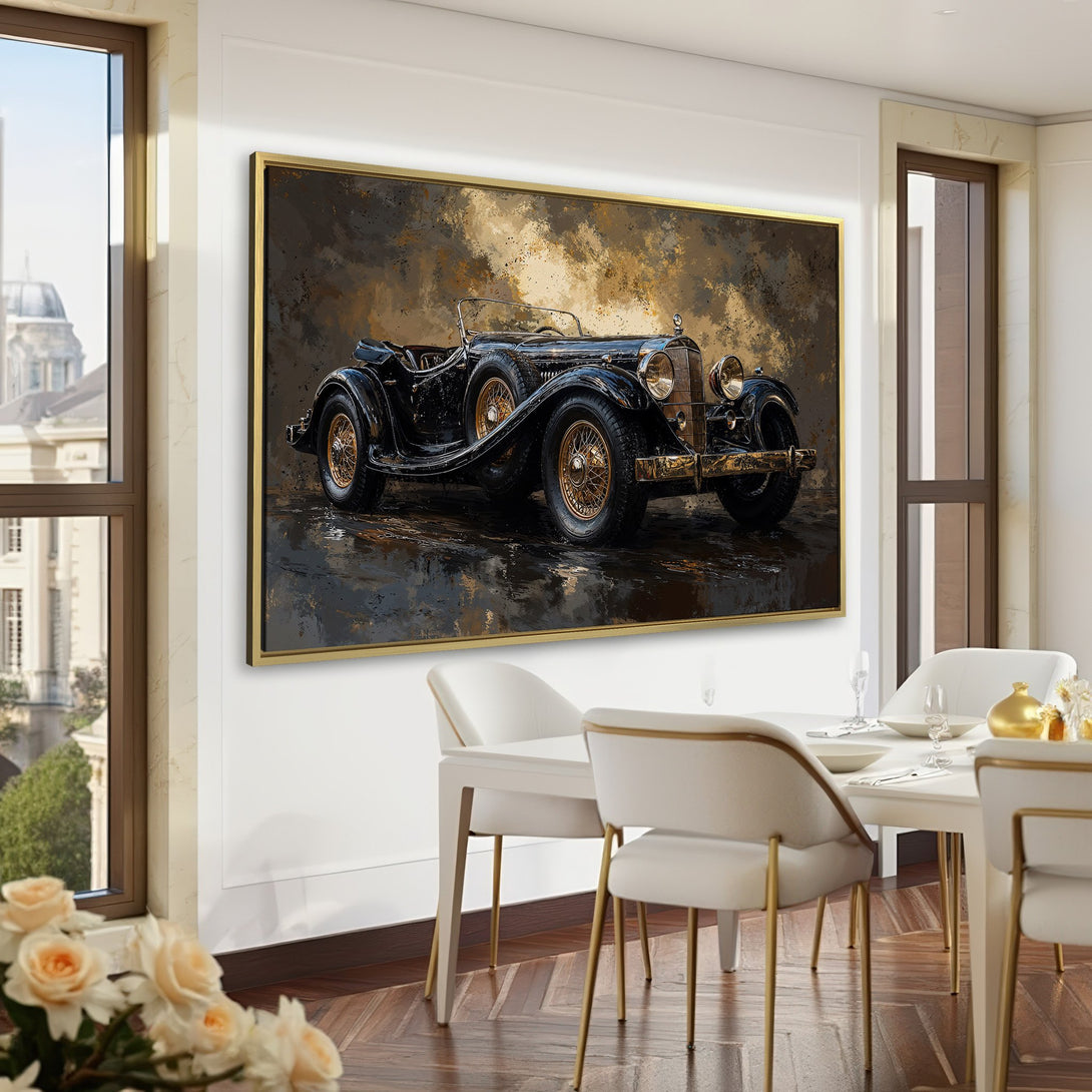 Canvas Print of a vintage car in a moody, painterly style with a dark, gold, and brown color palette. Perfect for classic decor.