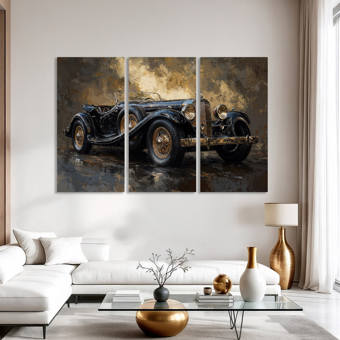 Canvas Print of a classic black car in a vintage style, featuring gold accents and a warm, neutral color palette. Perfect wall art for any space.