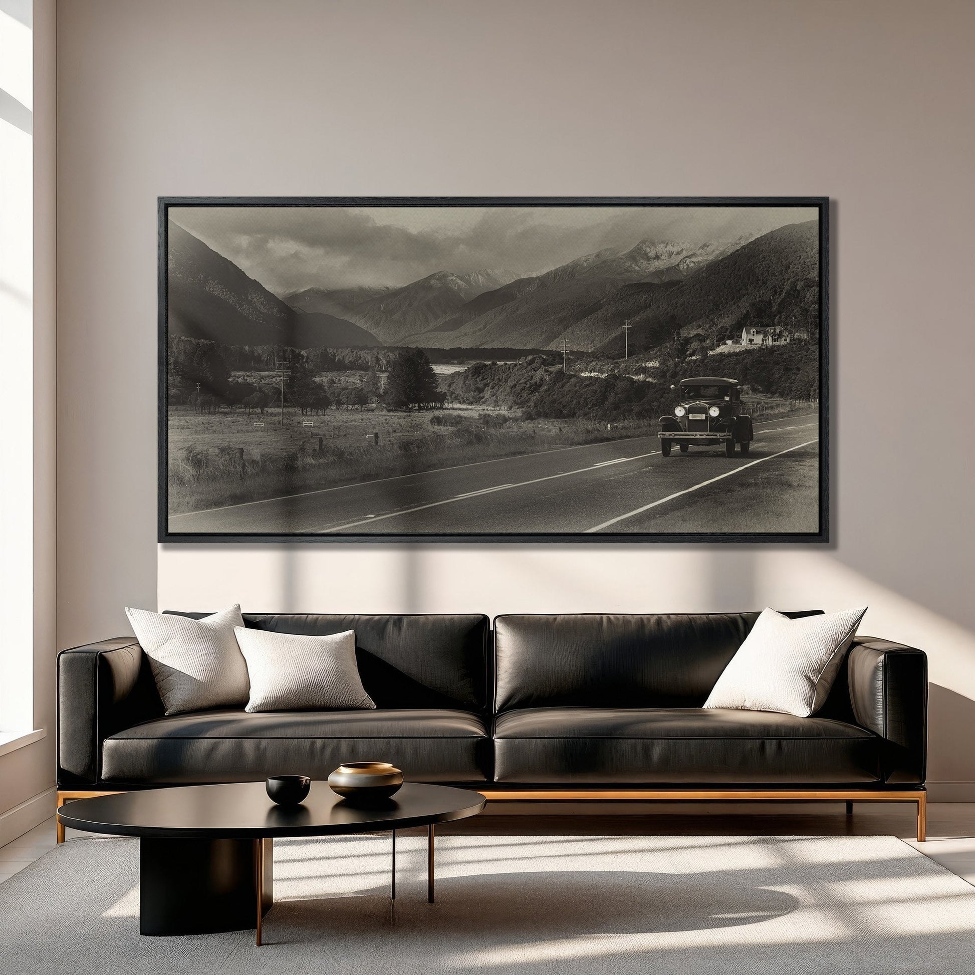 Vintage Car Canvas Print on Scenic Highway Art