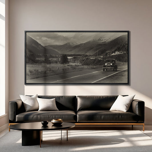 Vintage Car Canvas Print on Scenic Highway Art