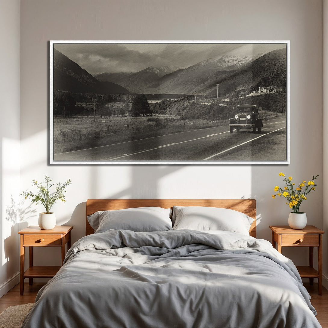 Framed Wall Art: Vintage car on a road through mountains, sepia tones. Perfect for bedroom decor. Add a touch of nostalgia with this Canvas Print.