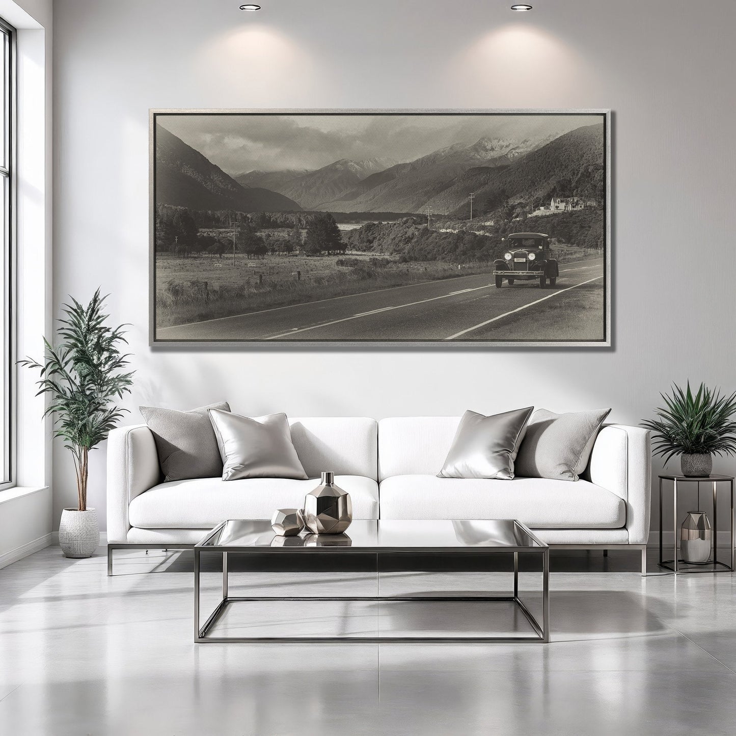 Vintage Car Canvas Print on Scenic Highway Art
