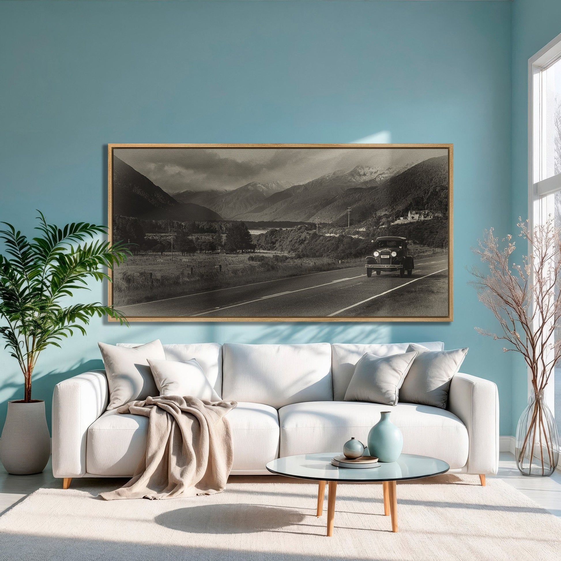 Vintage Car Canvas Print on Scenic Highway Art