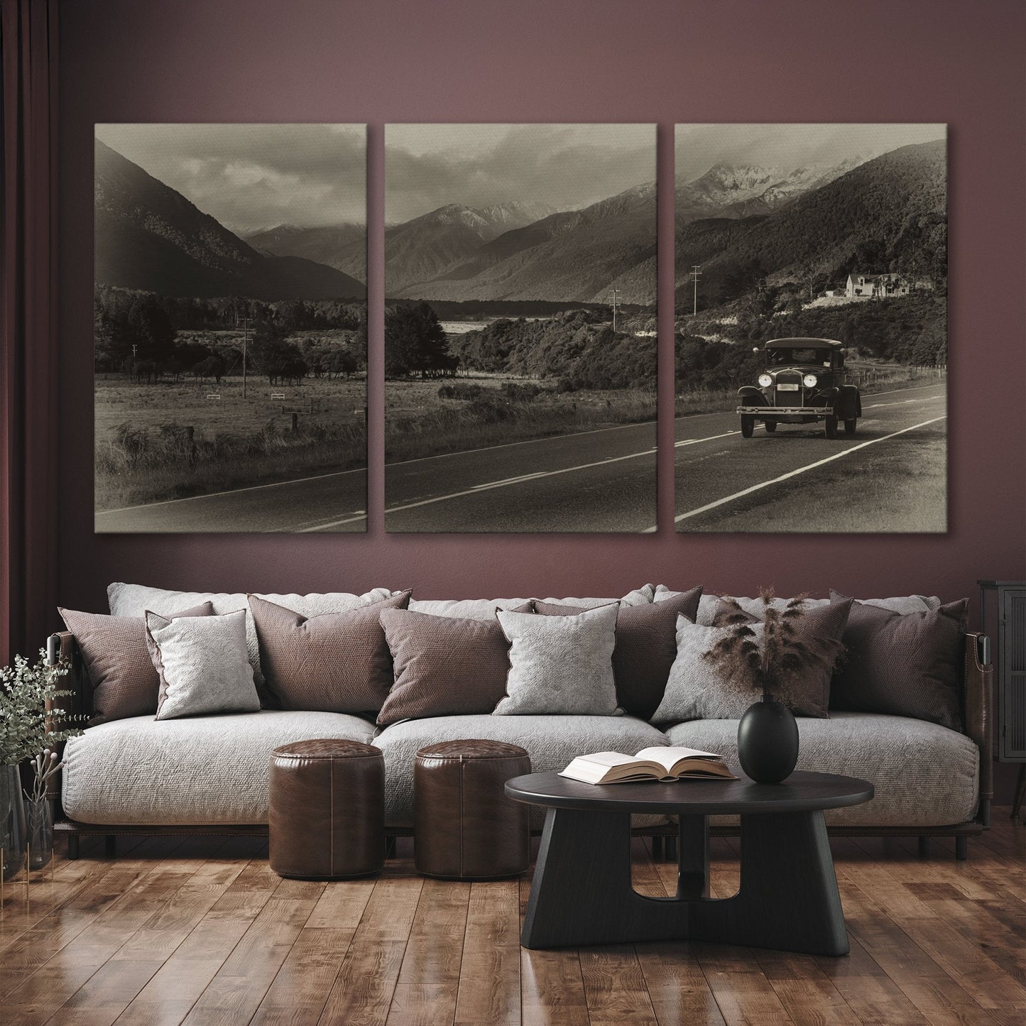 Vintage Car Canvas Print on Scenic Highway Art