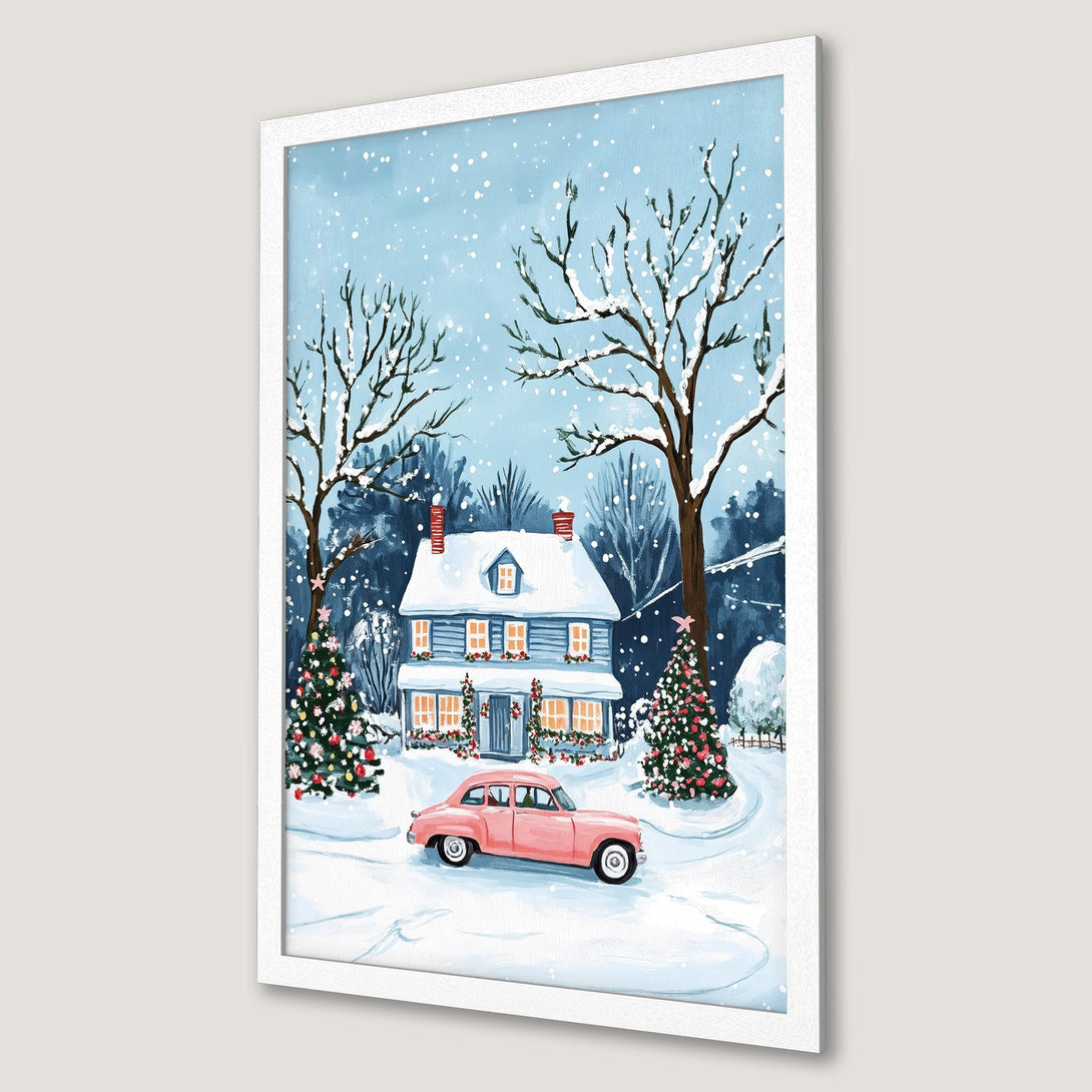 Framed Poster of a winter scene with a charming house and pink car. Whimsical style, blue and white color palette, perfect holiday decor.