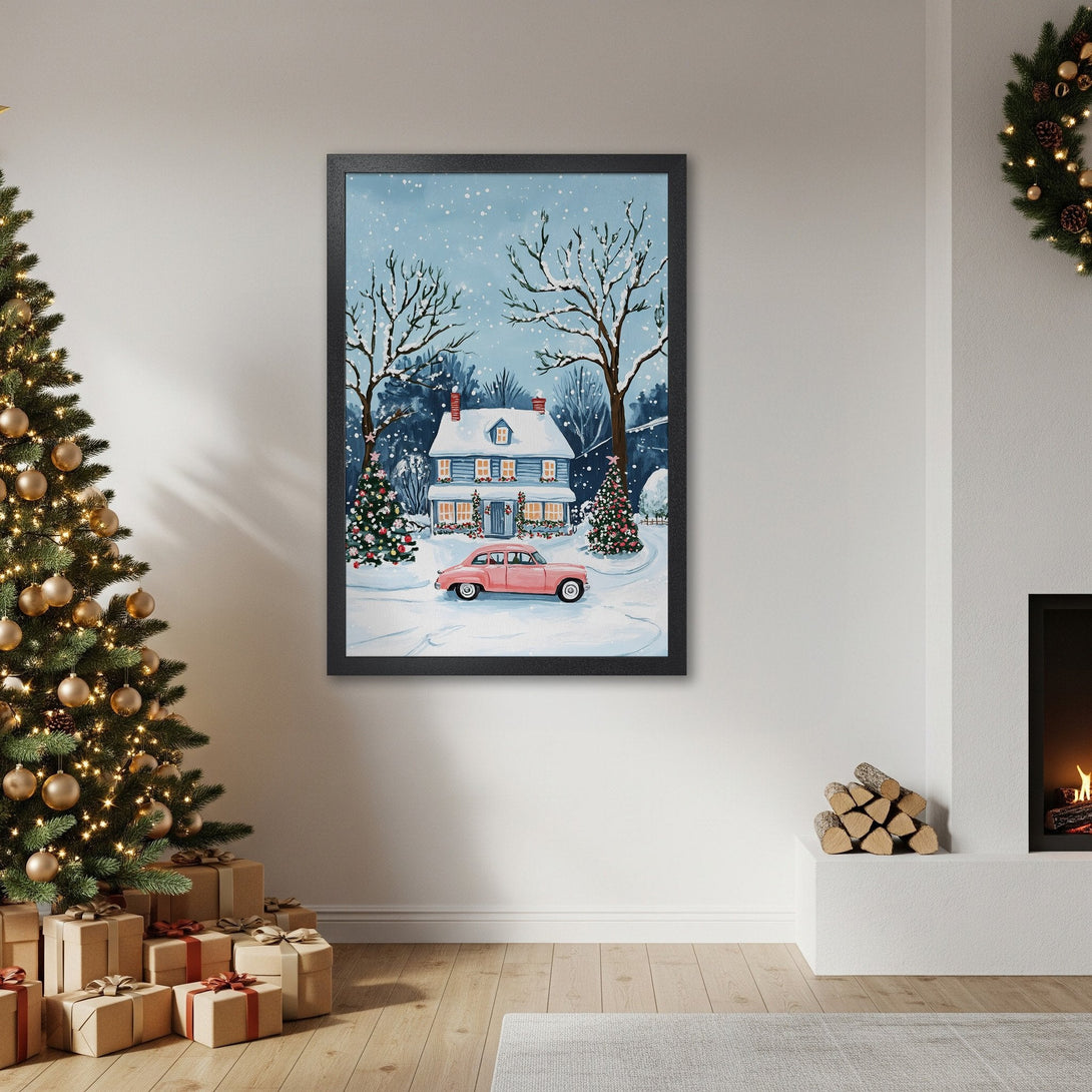 Framed Poster featuring a winter scene with a house and car in a snowy landscape. Soft blue and pink color palette, perfect for holiday decor.